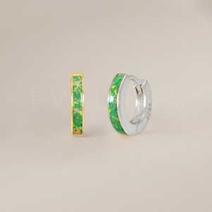 HOOPS: Garden Green Opal Inlay Huggie Hoop Earrings • Opal Huggie Earrings • Opal Jewelry • Gift For Her • Minimalist • Bridesmaid Gift