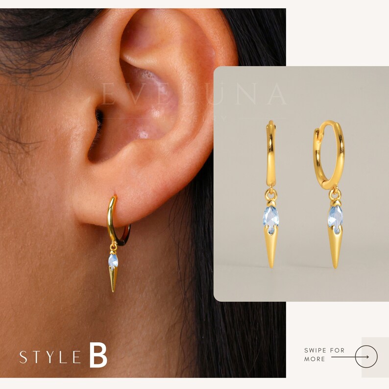 Blue Zircon Charm Hoop Earrings • Zircon Earrings • Birthstone Earrings • Gift For Her • Gemstone Charm Earrings • Gold Hoop Earrings