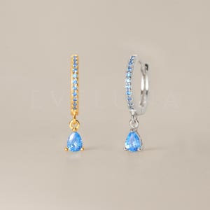 HOOPS: Aquamarine Paved Teardrop Hoop Earrings • Birthstone Earrings • Gift For Her • Birthstone Jewelry • Gold Hoop Earrings