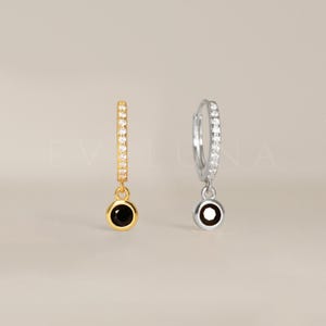 HOOPS: Paved Black Onyx Gemstone Dangle Hoop Earrings • Black Onyx Earrings • Gift For Her • Birthstone Jewelry • Gold Hoop