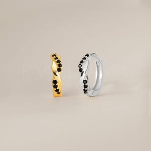 HOOPS: Black Onyx Twisted Paved Hoop Earrings • Black Onyx Earrings • Birthstone Earrings • Gift For Her • Dainty Hoop Earrings
