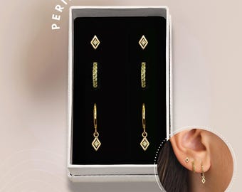 SET: Juego de aretes de aro con dije de peridoto • Apilable para todos los días • Regalo • Regalos para ella • Regalo para las fiestas