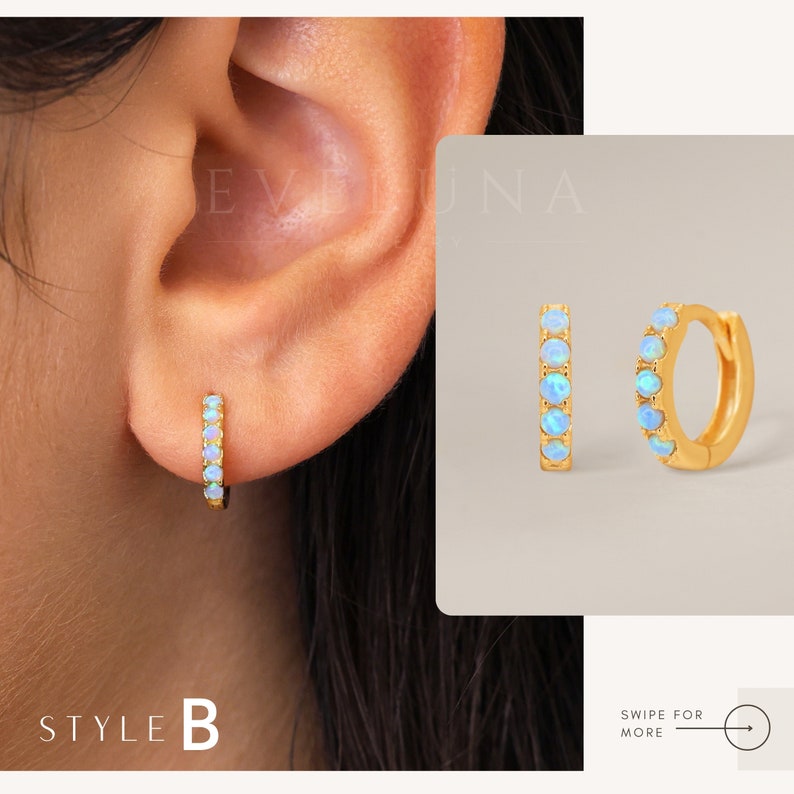 HOOPS: Blue Fire Opal Huggie Hoop Earrings • Opal Inlay Earrings • Opal Jewelry • Gift For Her • Minimalist Earrings • Gold Hoop Earrings image 5
