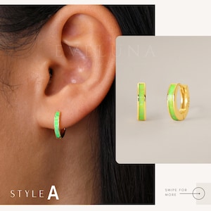 HOOPS: Lime Green Fluorescent Opal Huggie Hoop Earrings • Opal Inlay Earrings • Opal Jewelry • Gift For Her • Minimalist Earrings