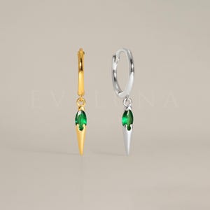 HOOPS: Emerald Dangle Spike Hoop Earrings • Emerald Earring • Birthstone Earrings • Gift For Her • Birthstone Jewelry • Gold Hoop Earrings