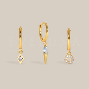 HOOPS: Blue Zircon Charm Hoop Earrings • Zircon Earrings • Birthstone Earrings • Gift For Her • Gemstone Charm Earrings • Gold Hoop Earrings 画像 2