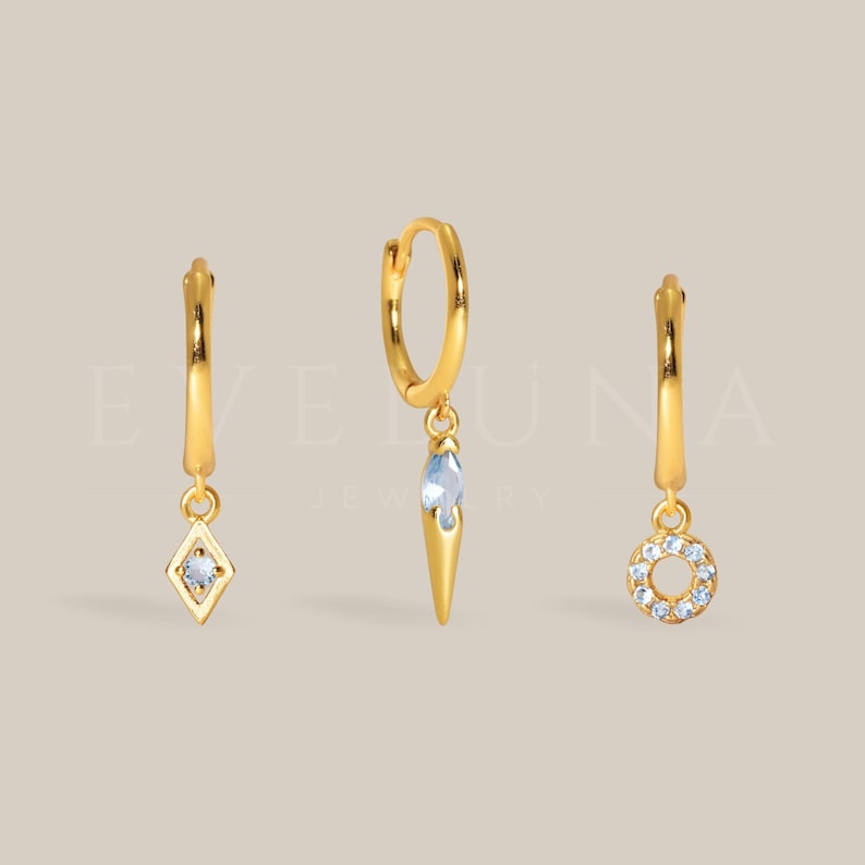 HOOPS: Blue Zircon Charm Hoop Earrings • Zircon Earrings • Birthstone Earrings • Gift For Her • Gemstone Charm Earrings • Gold Hoop Earrings 画像 2