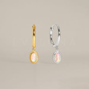 HOOPS: White Opal Charm Hoop Earrings • Opal Dangle Earrings • Opal Jewelry • Gift For Her • Minimalist Earrings • Gold Opal Hoop Earrings