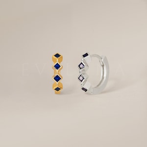 HOOPS: Sapphire Bezel Huggie Hoop Earrings • Sapphire Earrings • Birthstone Earrings • Gift For Her • Dainty Hoop Earrings • Gold Huggies