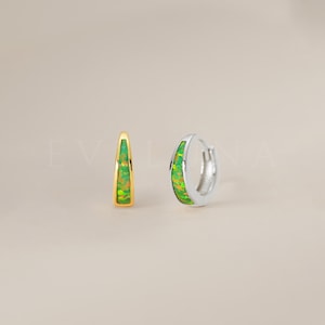 HOOPS: Tapered Garden Green Opal Inlay Huggie Hoop Earrings • Opal Huggie Earrings • Opal Jewelry • Gift For Her • Bridesmaid Gift
