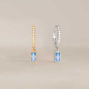 HOOPS: Aquamarine Paved Baguette Hoop Earrings • Birthstone Earrings • Gift For Her • Birthstone Jewelry • Gold Hoop Earrings