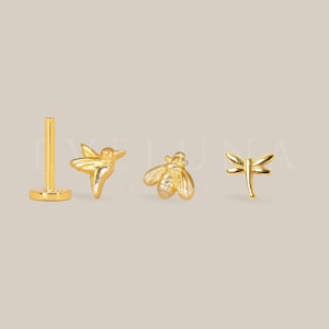 FLAT BACK: Tiny Bird Bee Dragonfly Flat Back Labret • Cartilage Stud • Helix Earring • Conch Piercing • Tragus Stud • Birthstone Earrings