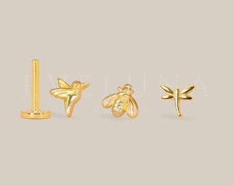 ESPALDA PLANA: Labret con espalda plana, diseño de libélula y abeja pequeña • Perno para cartílago • Pendiente para hélice • Perforación de caracola • Perno para trago • Pendientes con piedra de nacimiento