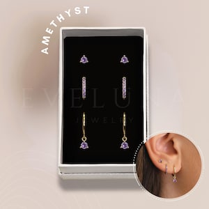 SET: Amethyst Gemstone Dainty Hoop Earring Set • Everyday Ear Stack • Gift • Gifts for her • Holiday Gift