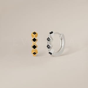 HOOPS: Black Onyx Bezel Huggie Hoop Earrings • Black Onyx Earring • Birthstone Earrings • Gift For Her • Dainty Hoop Earrings • Gold Huggies