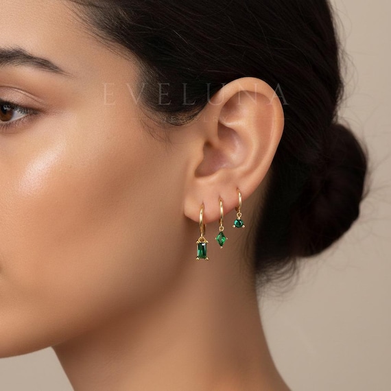 HOOPS: Emerald Dangle Hoop Earrings • Emerald Earrings • Birthstone Earrings • Gift For Her • Gemstone Earrings • Gold Hoop Earrings