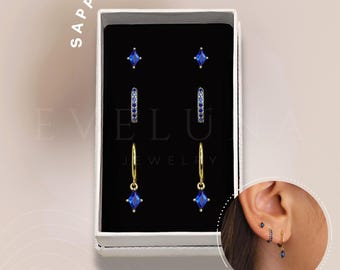 SET: saffier edelsteen ringoorbellen set • stapel oorbellen voor elke dag • Cadeau • Cadeaus voor haar • Feestdag