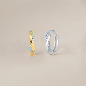 HOOPS: Aquamarine Twisted Paved Hoop Earrings • Aquamarine Earrings • Birthstone Earrings • Gift For Her • Dainty Hoop Earrings