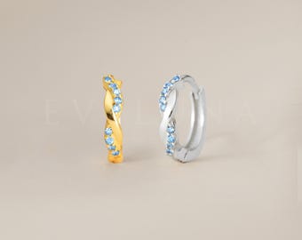 HOOPS: Aquamarine Twisted Paved Hoop Earrings • Aquamarine Earrings • Birthstone Earrings • Gift For Her • Dainty Hoop Earrings