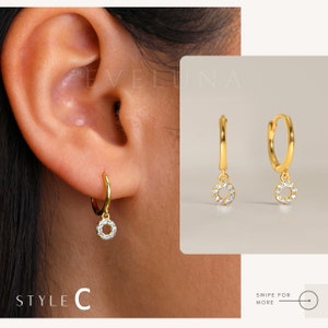 Blue Zircon Charm Hoop Earrings • Zircon Earrings • Birthstone Earrings • Gift For Her • Gemstone Charm Earrings • Gold Hoop Earrings