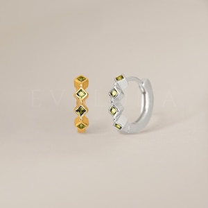 HOOPS: Peridot Bezel Huggie Hoop Earrings • Peridot Earrings • Birthstone Earrings • Gift For Her • Dainty Hoop Earrings • Gold Huggies