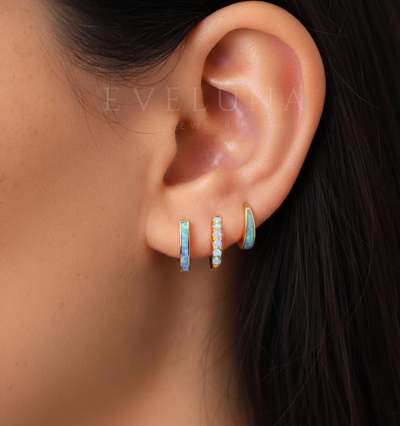 HOOPS: Blue Fire Opal Huggie Hoop Earrings • Opal Inlay Earrings • Opal Jewelry • Gift For Her • Minimalist Earrings • Gold Hoop Earrings image 1