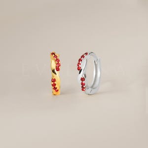 HOOPS: Ruby Twisted Paved Hoop Earrings • Ruby Earrings • Birthstone Earrings • Gift For Her • Dainty Hoop Earrings
