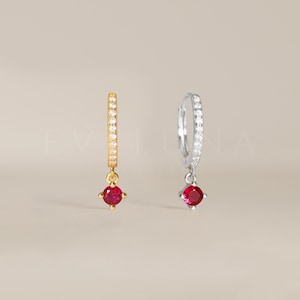 HOOPS: Paved Ruby Dangle Hoop Earrings • Ruby Birthstone Earrings • Gift For Her • Birthstone Jewelry • Gold Hoop Earrings