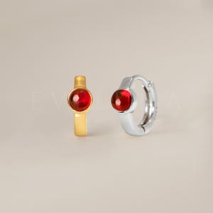 HOOPS: Ruby Gemstone Huggie Hoop Earrings • Ruby Earrings • Birthstone Earrings • Gift For Her • Dainty Hoop Earrings • Gold Huggies