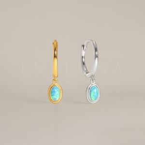 HOOPS: Blue Opal Charm Hoop Earrings • Blue Opal Dangle Earrings • Opal Jewelry • Gift For Her • Minimalist Earrings • Gold Hoop Earrings