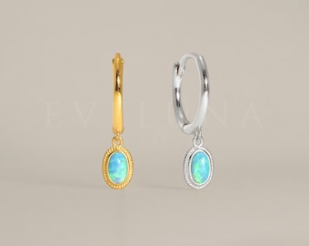 HOOPS: Blue Opal Charm Hoop Earrings • Blue Opal Dangle Earrings • Opal Jewelry • Gift For Her • Minimalist Earrings • Gold Hoop Earrings