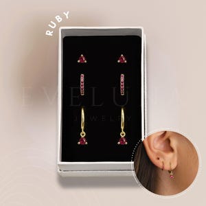 SET: Ruby Gemstone Dainty Hoop Earring Set • Everyday Ear Stack • Gift • Gifts for her • Holiday Gift