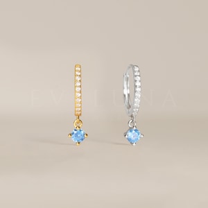 HOOPS: Paved Aquamarine Dangle Hoop Earrings • Birthstone Earrings • Gift For Her • Birthstone Jewelry • Gold Hoop Earrings