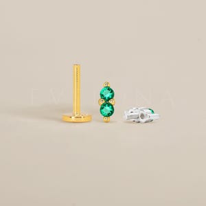 FLAT BACK: Emerald Double Flat Back Labret • Cartilage Stud • Helix Earring • Conch Piercing • Tragus Stud • Birthstone Earrings
