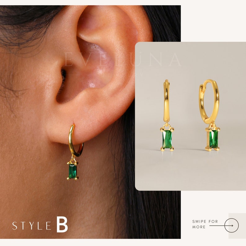 May include: Gold-colored hoop earrings with a rectangular, emerald-green gemstone pendant. The earrings are shown on an ear and also displayed separately. The text "STYLE B" is at the bottom left.