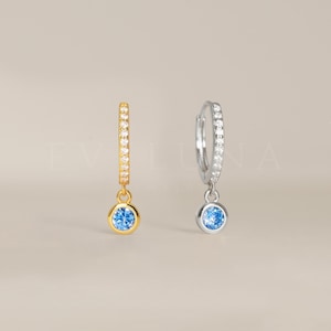 HOOPS: Paved Aquamarine Gemstone Dangle Hoop Earrings • Birthstone Earrings • Gift For Her • Birthstone Jewelry • Gold Hoop