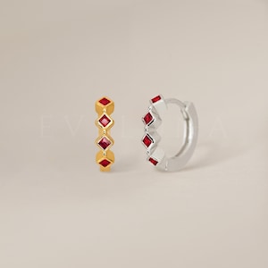 HOOPS: Ruby Bezel Huggie Hoop Earrings • Ruby Earrings • Birthstone Earrings • Gift For Her • Dainty Hoop Earrings • Gold Huggies