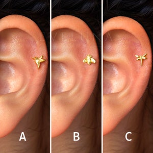 DOS PLAT : petit labret à dos plat, petit oiseau, abeille, libellule • Tige de cartilage • Boucle d'oreille hélix • Piercing de conque • Tige tragus • Boucles d'oreilles avec pierre de naissance