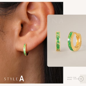 HOOPS: Garden Green Opal Huggie Hoop Earrings • Opal Inlay Earrings • Opal Jewelry • Gift For Her • Minimalist Earrings • Gold Hoop Earrings