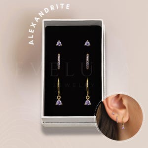 SET: Alexandrite Gemstone Dainty Hoop Earring Set • Everyday Ear Stack • Gift • Gifts for her • Holiday Gift