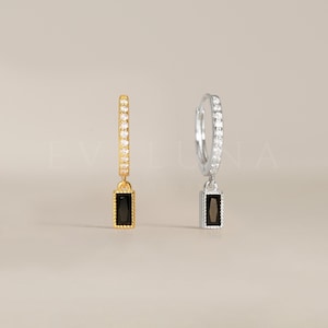 HOOPS: Black Onyx Paved Baguette Hoop Earrings • Black Onyx Earrings • Gift For Her • Black Jewelry • Gold Hoop Earrings