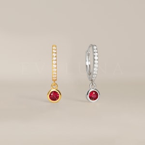 HOOPS: Ruby Gemstone Dangle Hoop Earrings • Ruby Birthstone Earrings • Gift For Her • Birthstone Jewelry • Gold Hoop