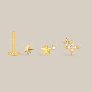 FONDO PIATTA: Labret piatto a forma di stella celeste • Perno per cartilagine • Orecchino per elica • Piercing a conchiglia • Perno per trago • Orecchini con pietra portafortuna