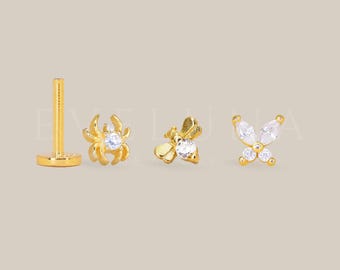 FLAT BACK: Tiny Spider Firefly Butterfly Flat Back Labret • Cartilage Stud • Helix Earring • Conch Piercing • Tragus Stud • Forward Helix