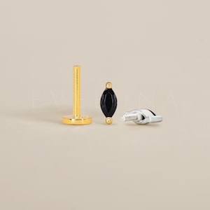 FLAT BACK: Black Onyx Marquise Flat Back Labret • Cartilage Stud • Helix Earring • Conch Piercing • Tragus Stud