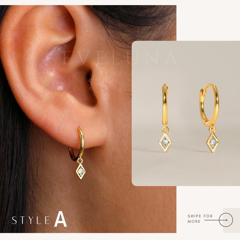 Blue Zircon Charm Hoop Earrings • Zircon Earrings • Birthstone Earrings • Gift For Her • Gemstone Charm Earrings • Gold Hoop Earrings