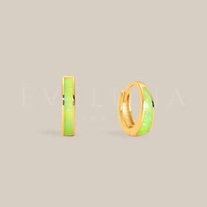 HOOPS: Lime Green Fluorescent Opal Huggie Hoop Earrings • Opal Inlay Earrings • Opal Jewelry • Gift For Her • Minimalist Earrings