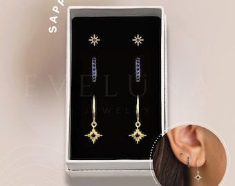 SET: Sapphire Starburst Hoop Earring Set • Everyday Ear Stack • Gift • Gifts for her • Holiday