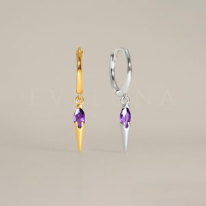 HOOPS: Amethyst Dangle Spike Hoop Earrings • Amethyst Earring • Birthstone Earrings • Gift For Her • Birthstone Jewelry • Gold Hoop Earrings