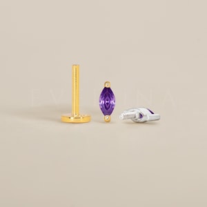 FLAT BACK: Amethyst Marquise Flat Back Labret • Cartilage Stud • Helix Earring • Conch Piercing • Tragus Stud • Birthstone Earrings